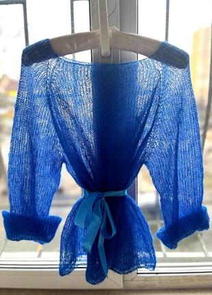 Ручная работа, мохеровый свитер васильковый синий джемпер паутинка из кид мохера1 фото