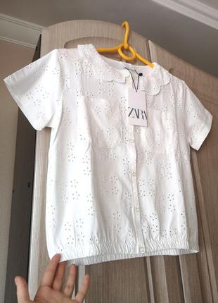 Белая нарядная рубашка/блузка с копотым рукавом zara на девочку 11-12 лет