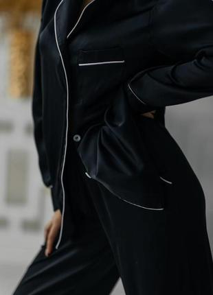 Шелковая женская пижама штаны и рубашка m-l черный3 фото