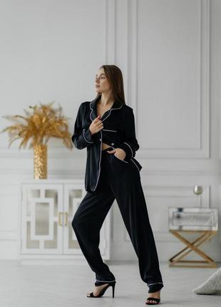 Шелковая женская пижама штаны и рубашка m-l черный8 фото