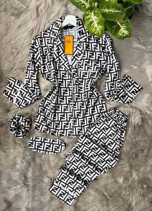 Брендовая качественная сатиновая пижама fendi рубашка и штаны s-xl