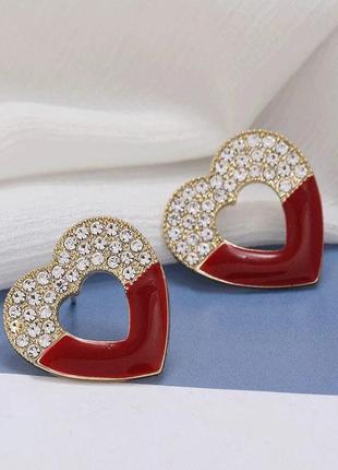 Тренд золотисті жіночі сережки кульчики серьги червона емаль серце кристали