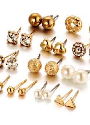 Біжутерні сережки набір 12 пар  золотисті  гвоздики fashion   jewelry gold