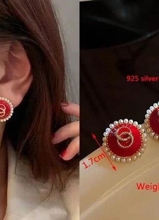 Тренд золотисті жіночі сережки кульчики серьги червона емаль срібло перли перлини2 фото