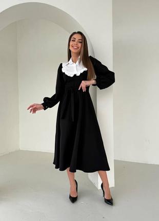 Жіноча романтична чорна сукня міді з білим комірцем і довгим рукавом7 фото