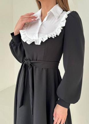 Жіноча романтична чорна сукня міді з білим комірцем і довгим рукавом3 фото