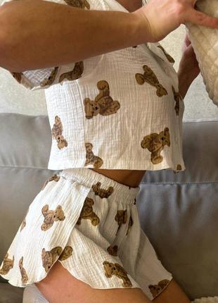 Муслиновая пижамка с мишками, натуральная ткань4 фото