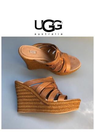 Ugg кожаные бежевые босоножки на платформе на танкетке мюли коричневые2 фото