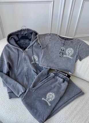 Костюм трійка сірий кофта, топ та штани принт chrome hearts
