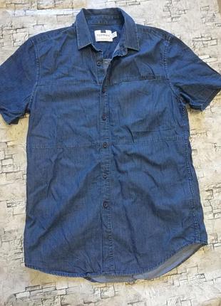 Летняя, джинсовая рубашка с коротким рукавом, шведка, размер м, наш 50-52