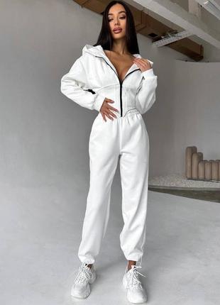 Спортивний костюм кофта на блискавці з капюшоном з імітацією корсету приталена штани джогери комплект замшевий стильний білий сірий чорний3 фото