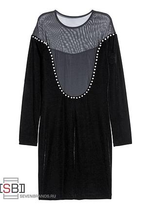 Бархатное чёрное платье с сеткой и стразами h&m