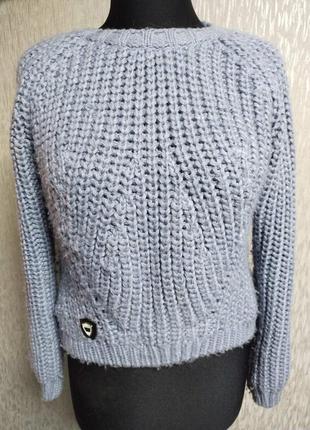 Очень теплый турецкий свитер крупной вязки серо-голубого цвета2 фото