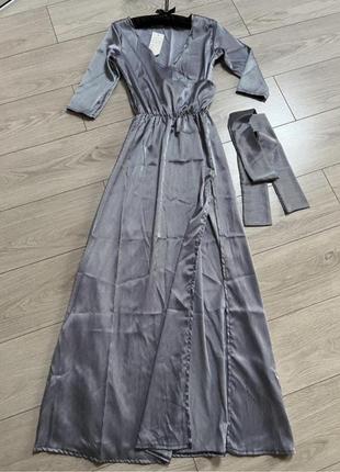 Сукня шовкова сатинова в підлогу з розрізом на запах білизняний стиль довге максі атласне плаття