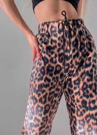 Леопардовые брюки палаццо, штаны лео флисовые6 фото