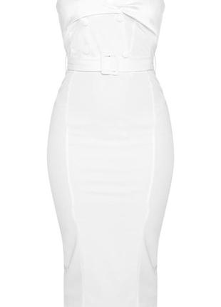 Белое платье миди, платье бандо с поясом и пуговицами3 фото