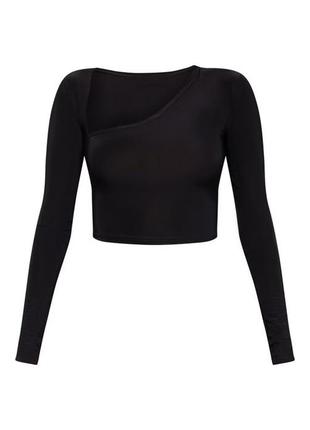 Топ prettylittlething black slinky asymmetric long sleeve crop top, eu 405 фото