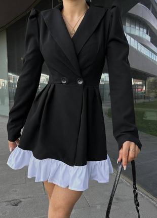 Женское черное стильное качественное трендовое платье-пиджак
