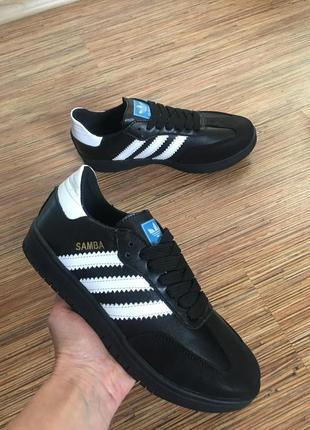 Кожаные подростковые кроссовки, кеды adidas samba black white 🔥 кожаные кеды, кроссовки адидас самба чёрные с белым