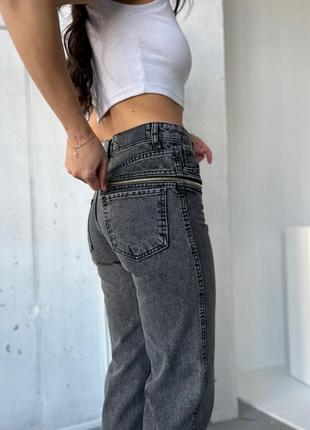 Плотные коттоновые джинсы трубы на молнии, женские серые джинсы трубы с разрезами10 фото