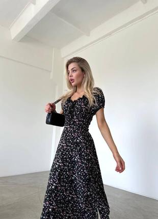 Женское черное летнее легкое роскошное стильное качественное трендовое длинное макси платье в цветах