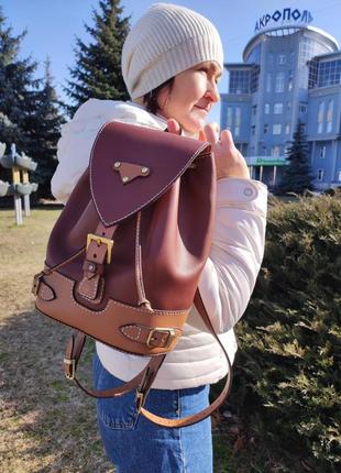 Кожаный женский городской коричневый рюкзак, стильный рюкзак3 фото