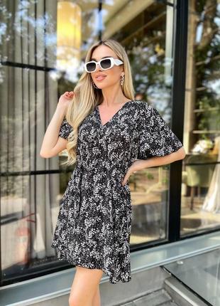 Легка літня сукня жіноча чорна коротка сукня в горох бебі долл зі спідницею клеш...