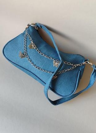 Блакитна сумочка багет з ланцюжкои метелики6 фото