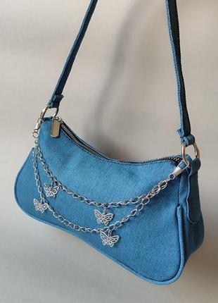 Блакитна сумочка багет з ланцюжкои метелики10 фото