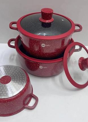 Набор посуды с гранитным антипригарным покрытием higher kitchen hk-325 (черный, красный)7 фото