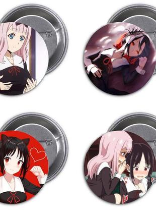 Аниме значки треос  "госпожа кагуя: в любви как на войне" - набор 4 шт.  (арт. 135046)