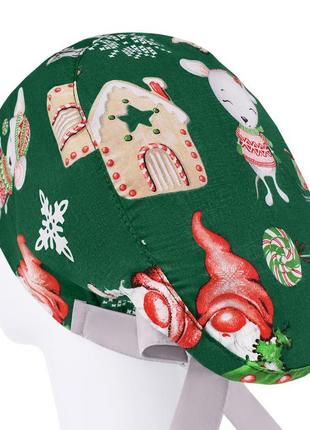 Медична шапочка шапка жіноча тканинна бавовняна багаторазова принт новорічний олень гномик2 фото