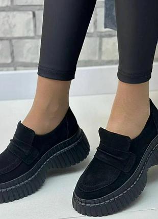 Женские лоферы материал  замш цвет черный размер 38 (24,5 см) (54351)