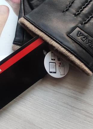 Мужские кожаные перчатки prada подкладка шерстяная вязка black