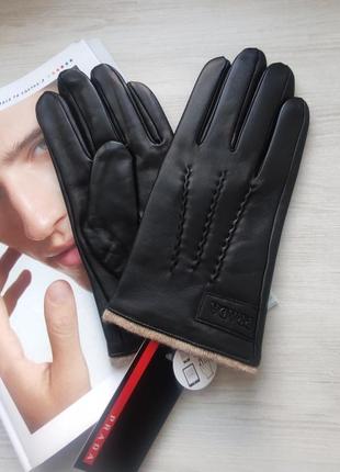 Мужские кожаные перчатки prada подкладка шерстяная вязка black