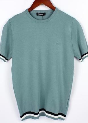 Мужская футболка boss с резинкой внизу, мягкий тянущийся материал, цвет серо-голубой1 фото