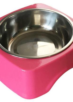 Миска для собак з нержавіючої сталі кругла в квадратній пластиковій підставці 17*15 см, різні кольори.