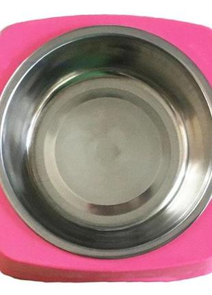 Миска для собак з нержавіючої сталі кругла в квадратній пластиковій підставці 17*15 см, різні кольори.3 фото