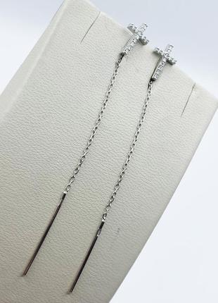 Сережки-протяжки серебряные с кубическим цирконием "крестик" 1,22 г4 фото