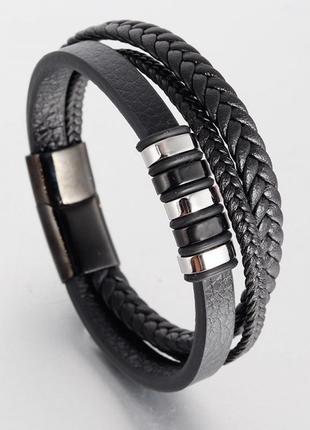 Мужской кожаный браслет плетеный, черный со стальными вставками5 фото