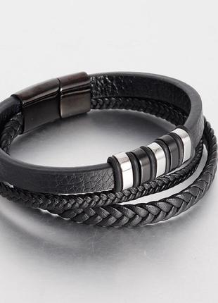 Мужской кожаный браслет плетеный, черный со стальными вставками6 фото