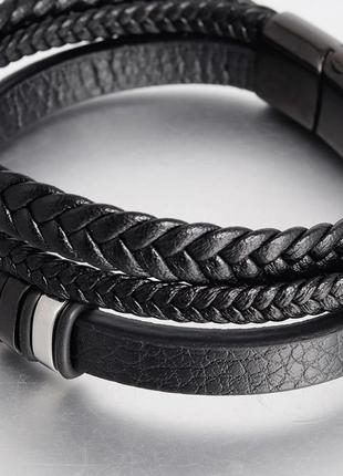 Мужской кожаный браслет плетеный, черный со стальными вставками7 фото