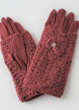 Жіночі кашемірові рукавички з в'язкою бордові1 фото