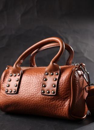 Женская сумка с металлическими акцентами на ручках из натуральной кожи vintage 22367 коричневая7 фото