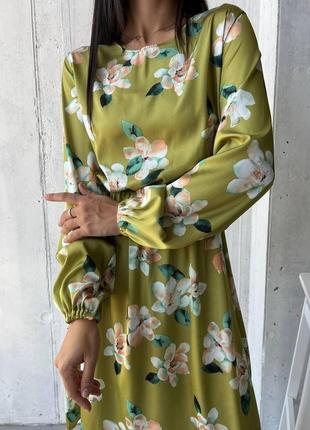 Легка літня сукня жіноча оливкова в квіточку коротка коктейльна сукня з рукавом вільна сукня на літо 42-46 48-52 розмір2 фото