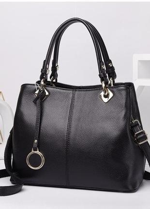 Елегантна жіноча сумка-тоут, чорна, натуральна шкіра, в комплекті з  ременем, що регулюється2 фото