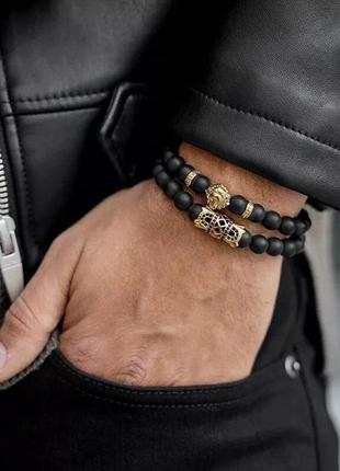 Мужские браслеты из натуральных камней со львом из агата (комплект) черные