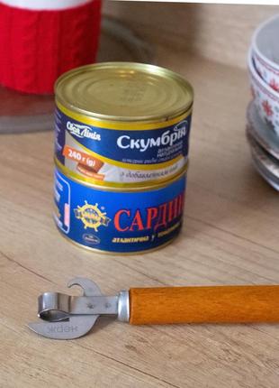Нож консервный открывачка для банок и консервов с деревянной лакированной ручкой 16 см4 фото