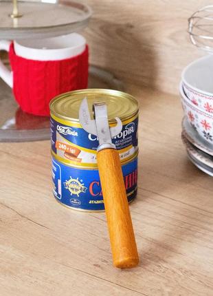 Нож консервный открывачка для банок и консервов с деревянной лакированной ручкой 16 см1 фото
