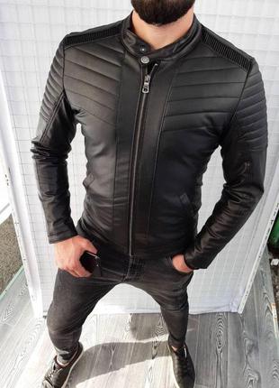 Чоловіча куртка шкіряна чорна стьобана шкірянка s-4xl великі розміри демісезонна класична з коміром4 фото